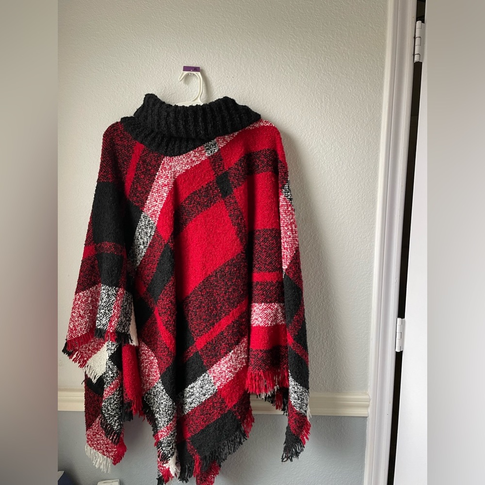 Plaid turtleneck red black, and white poncho/ shawl sizeL/XL